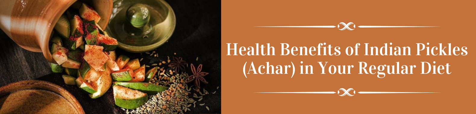 Indian green mango pickle with spices spilling from a traditional clay jar, symbolizing health benefits of achar in a regular diet.