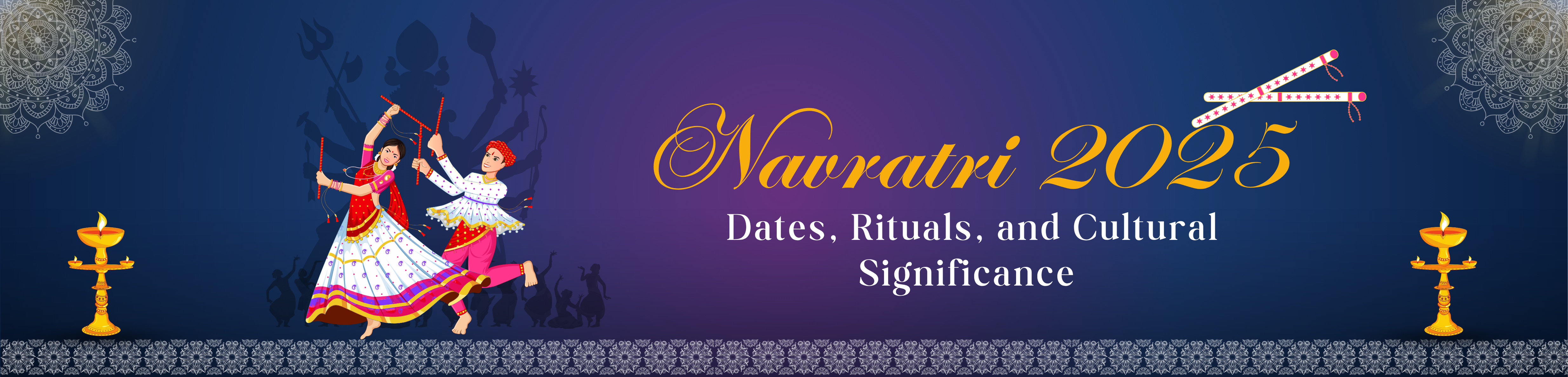 Navratri 2025 celebration banner with a traditional Garba dance couple, dandiya sticks, and oil lamps – highlighting dates, rituals, and cultural significance.