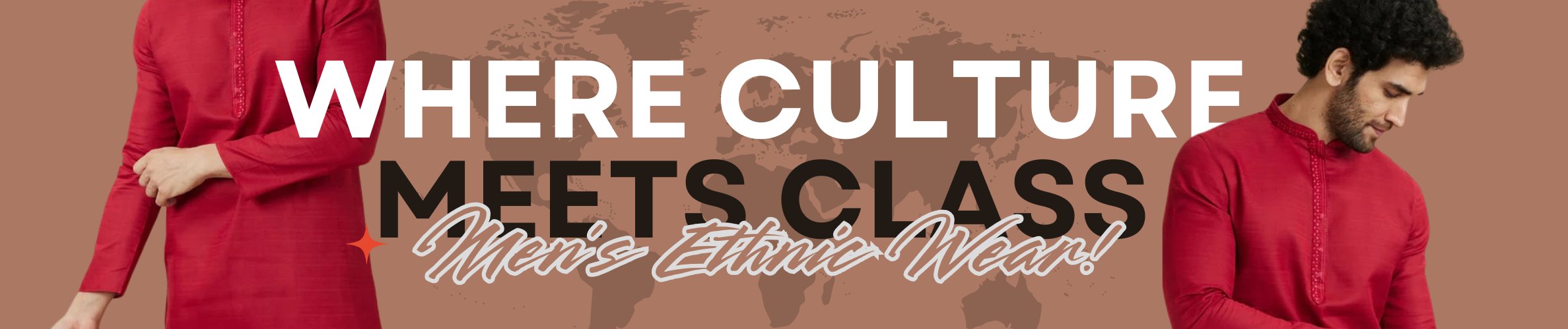 Banner showcasing men's ethnic wear from India Shopping, featuring a model wearing a red traditional kurta with a global-inspired background.