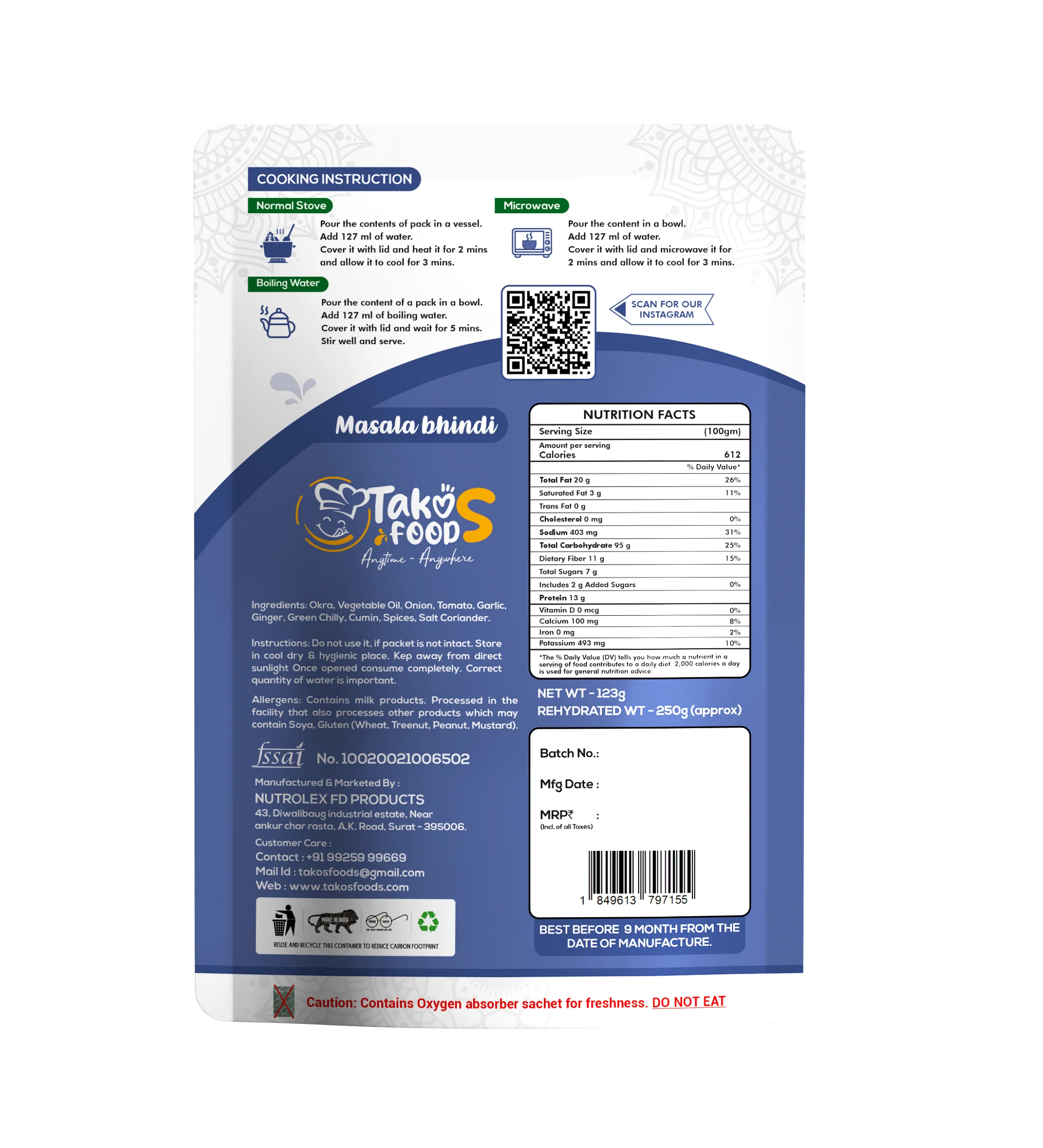 Takos Food Masala Bhindi | Ready To Eat 250 gms