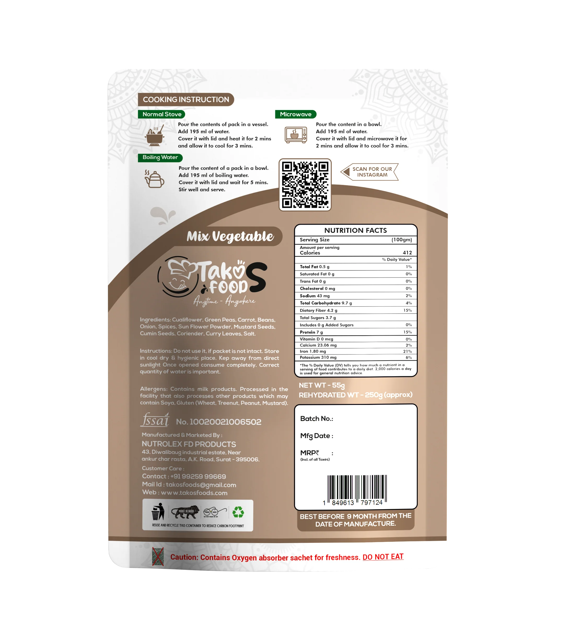 Takos Food Mix Vegetables | Ready To Eat 250 gms