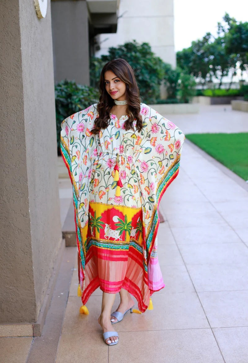 Multi Color Kaftan Digital Print With Lase Border Work | Ready To Wear