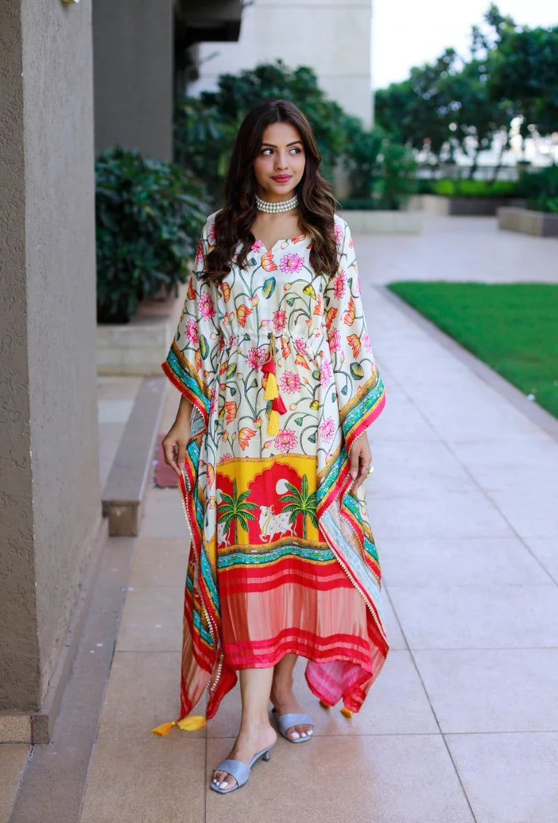 Multi Color Kaftan Digital Print With Lase Border Work | Ready To Wear