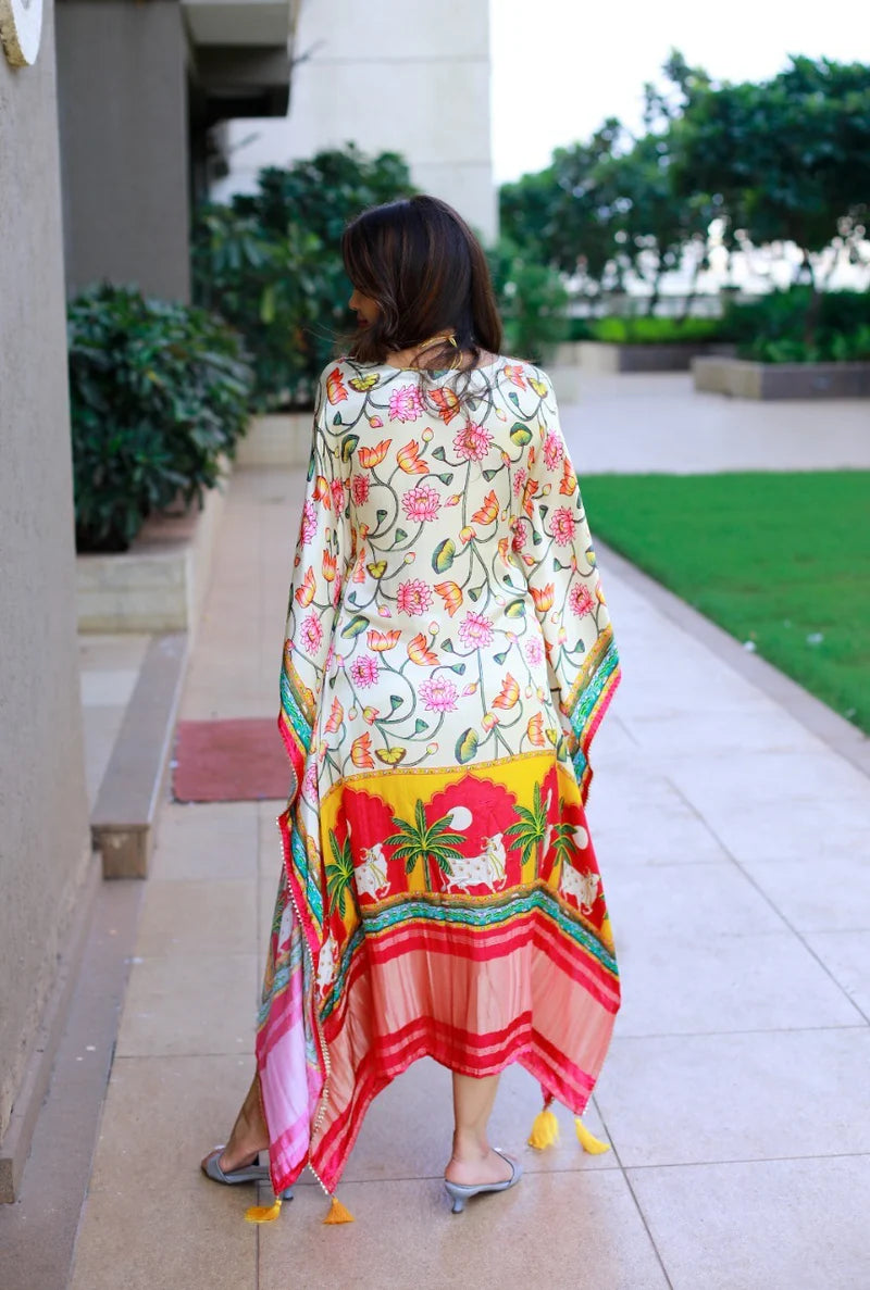 Multi Color Kaftan Digital Print With Lase Border Work | Ready To Wear