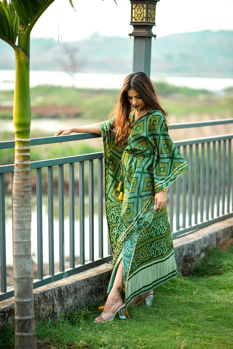 Green Kaftan With Digital Print Work | Ready To Wear