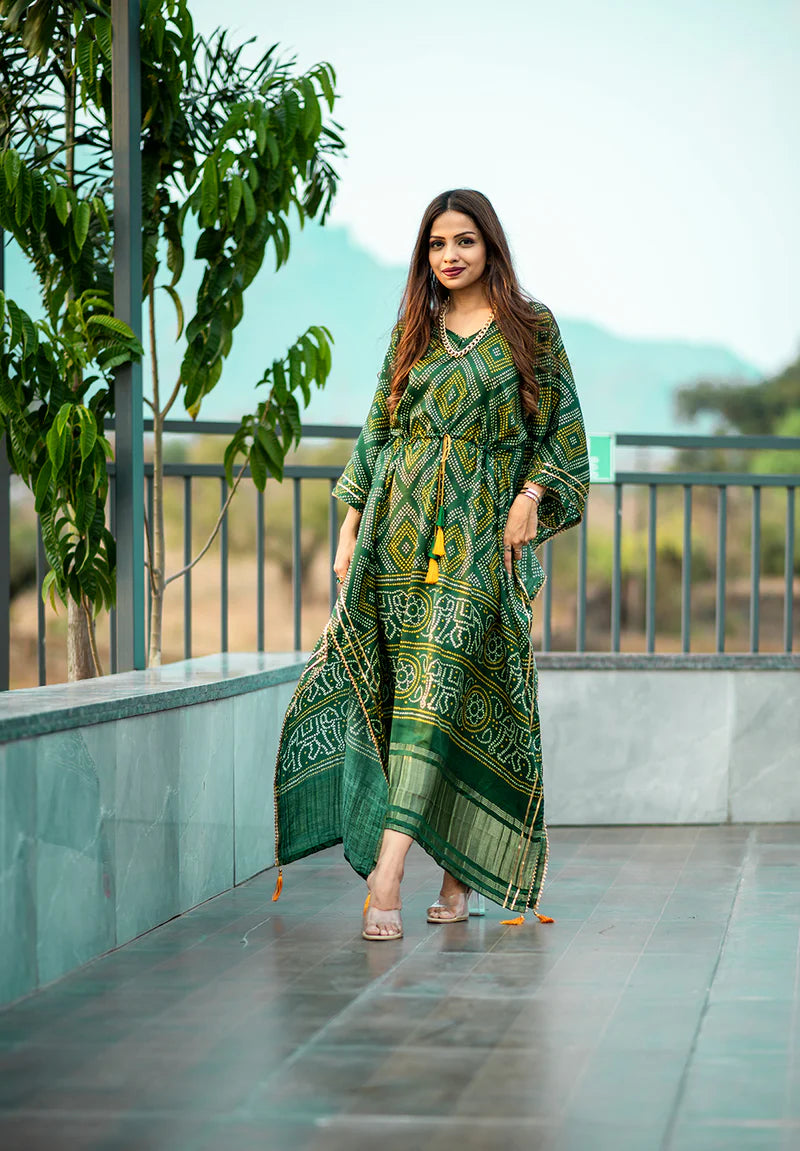 Green Kaftan With Digital Print Work | Ready To Wear
