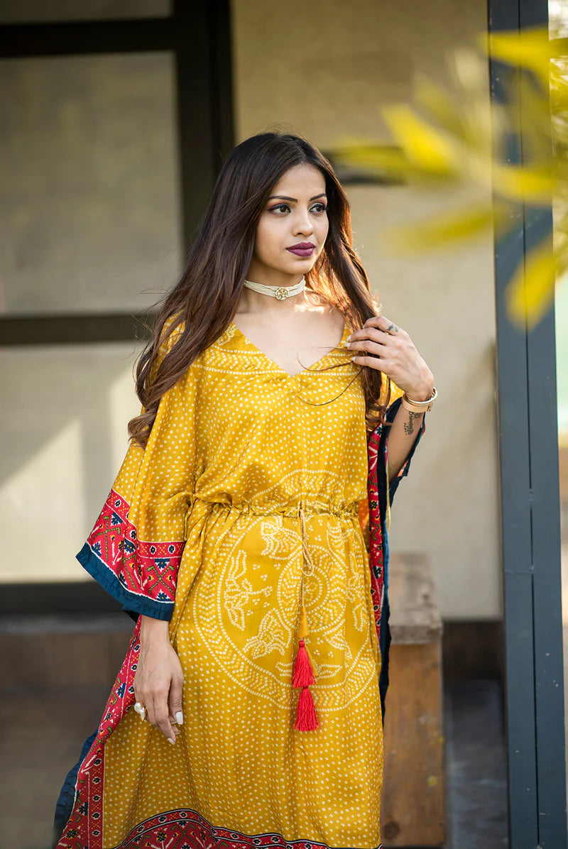 Yellow Kaftan Digital Print With Lace Border Work | Ready To Wear