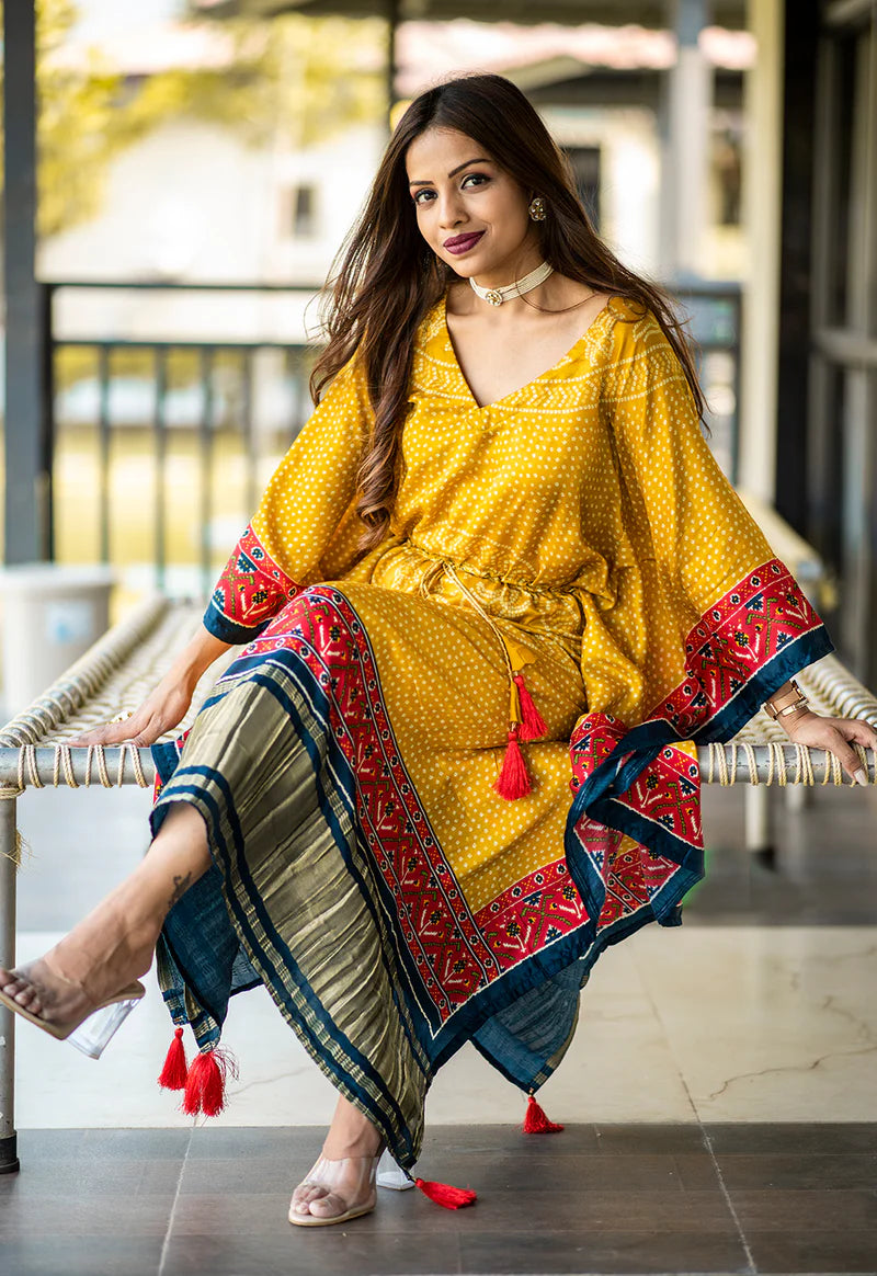 Yellow Kaftan Digital Print With Lace Border Work | Ready To Wear
