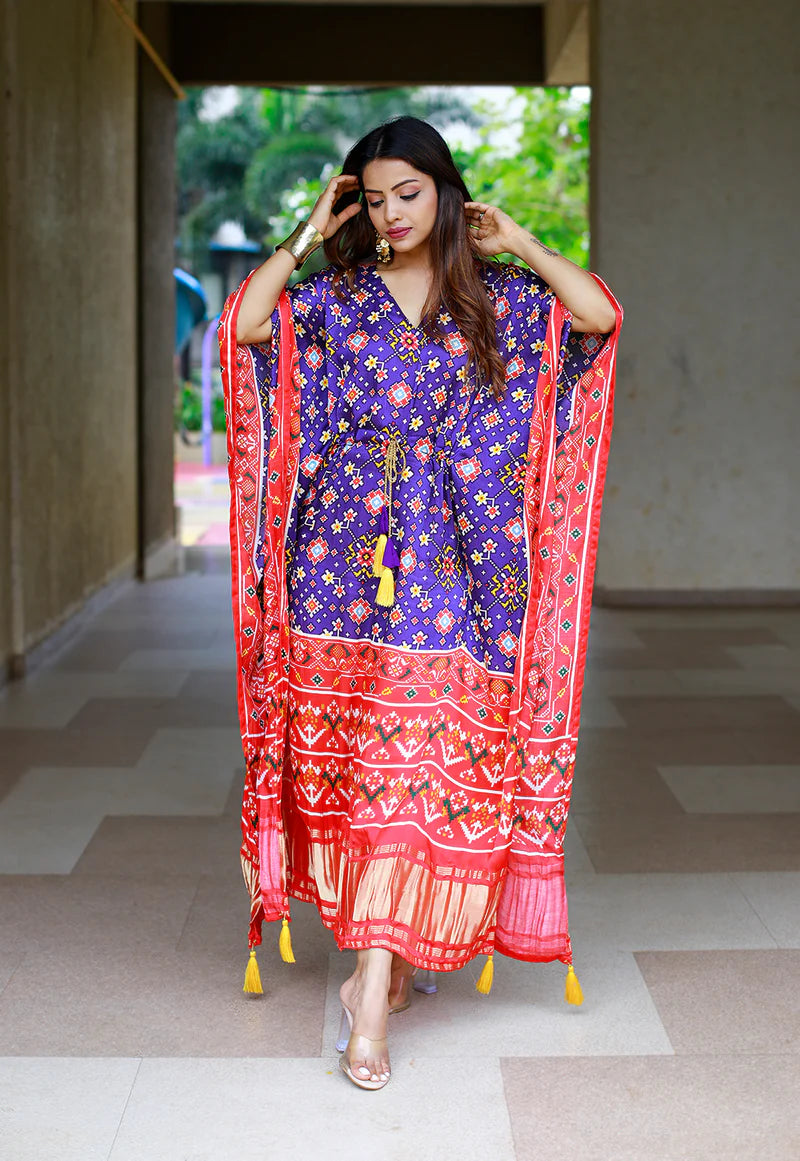 Pure Gajji Silk Kaftan Digital Print With Lace Border Work | Ready To Wear