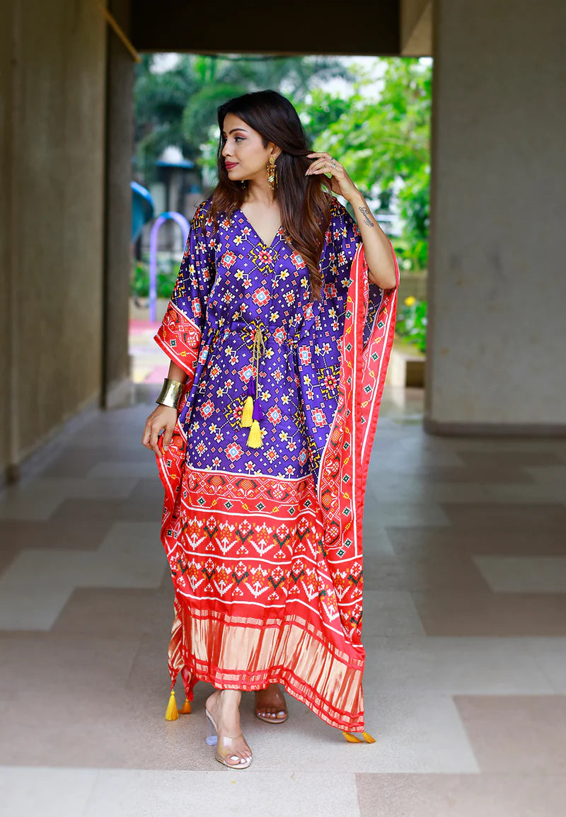 Pure Gajji Silk Kaftan Digital Print With Lace Border Work | Ready To Wear