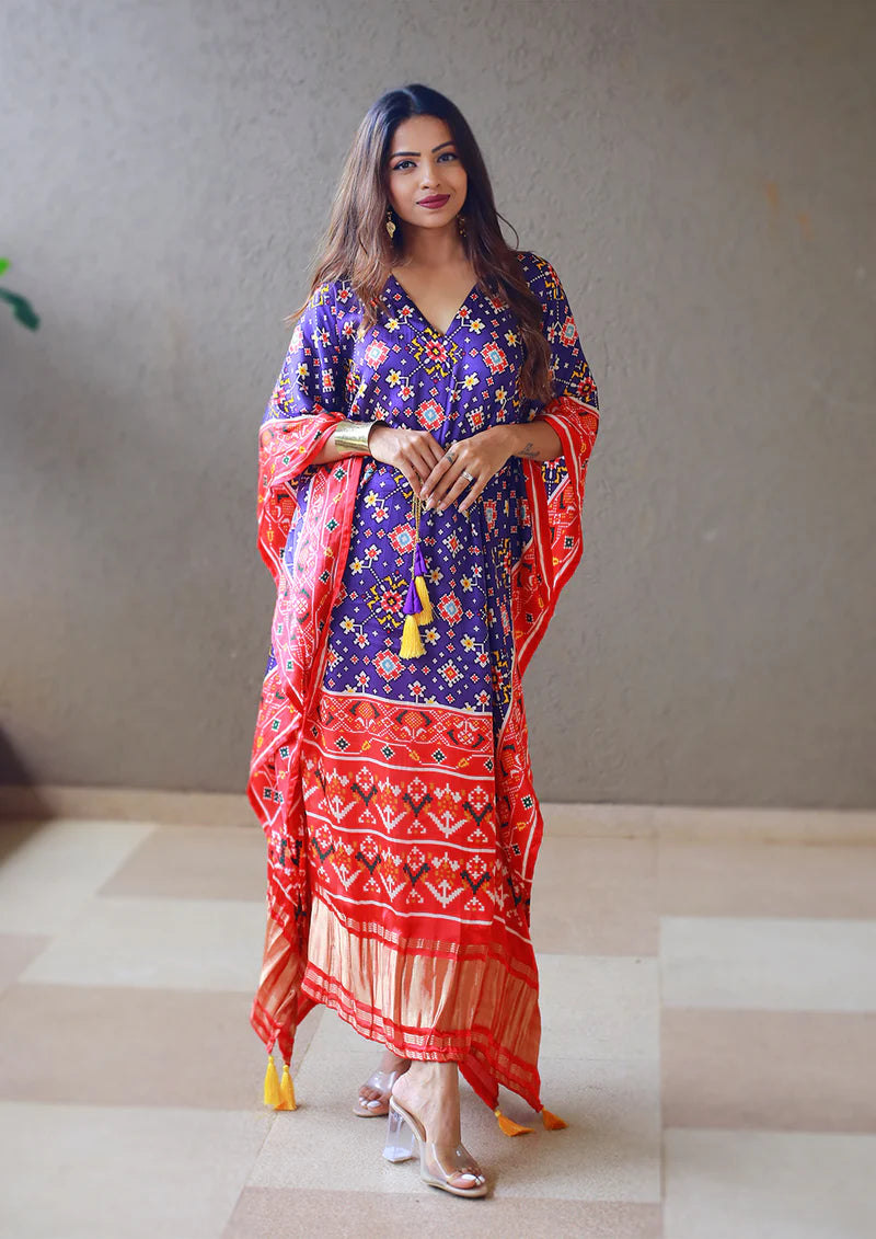 Pure Gajji Silk Kaftan Digital Print With Lace Border Work | Ready To Wear
