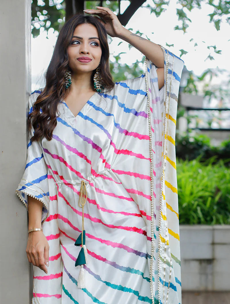 Lehariya Print Kaftan With Digital Print Work | Ready To Wear