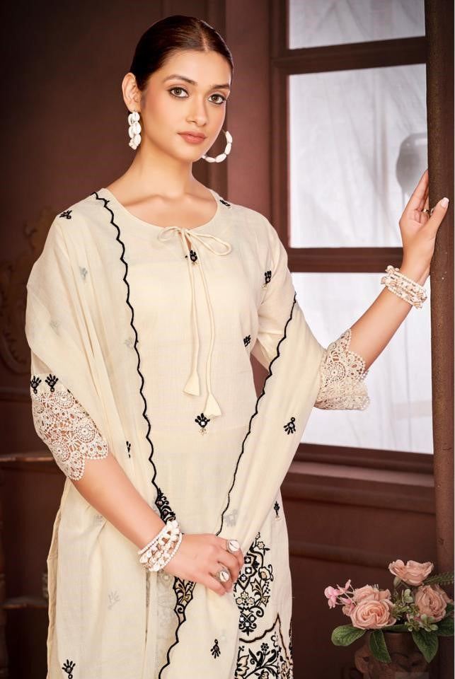 Decent And Stylish 3 Piece Cotton Suit Set With Heavy Handwork | Ready To Wear