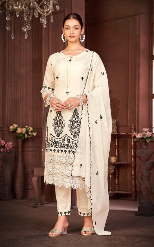 Decent And Stylish 3 Piece Cotton Suit Set With Heavy Handwork | Ready To Wear