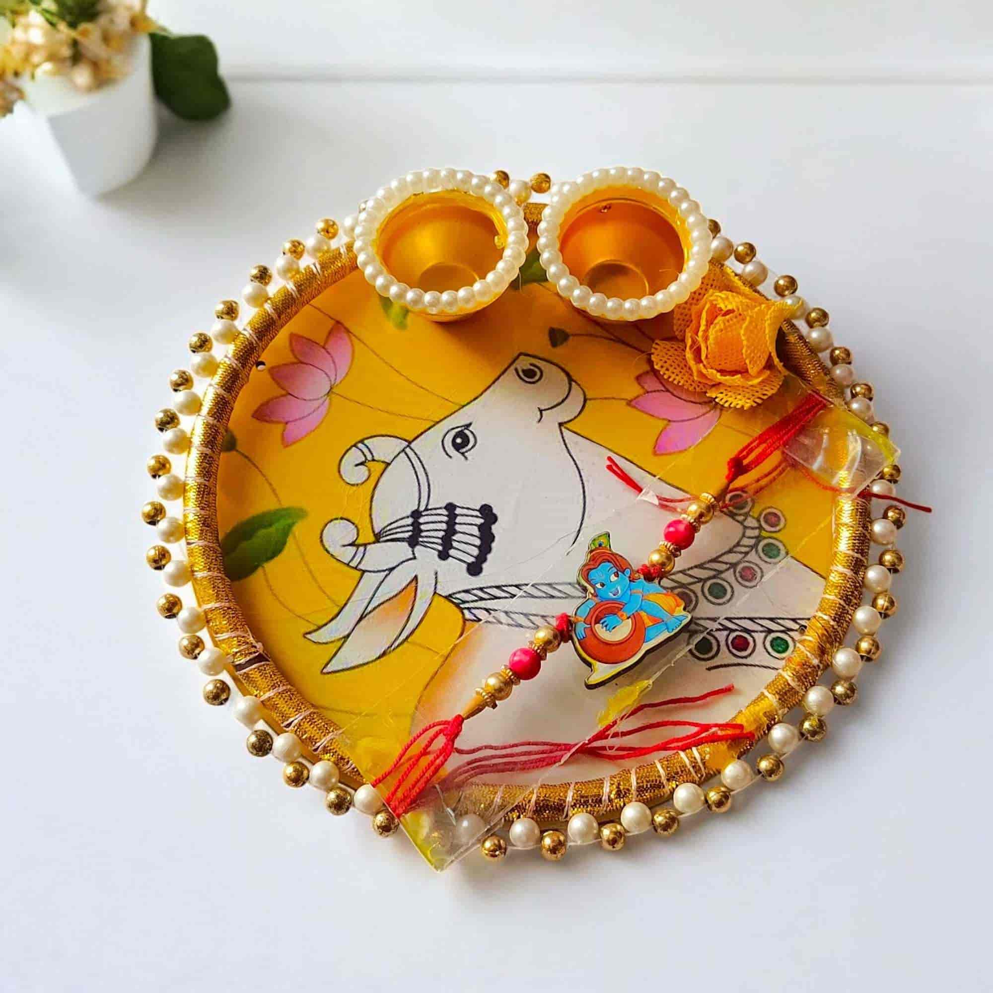 Handmade Premium Roli Chawal Tilak Pichwai Design of Cow Thali