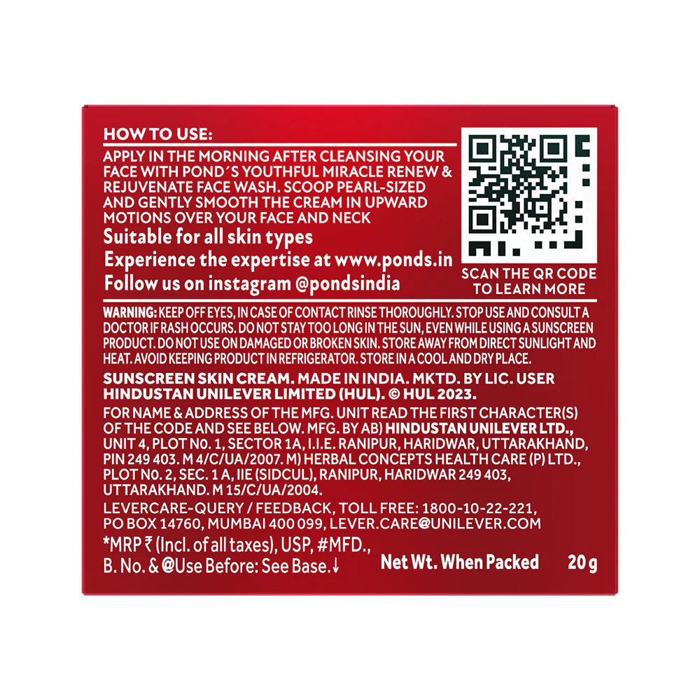 Pond's Youthful Miracle Hexyl Retinol Complex, Renew & Repair Day Cream 50g SPF 15 PA++ - 50 gms