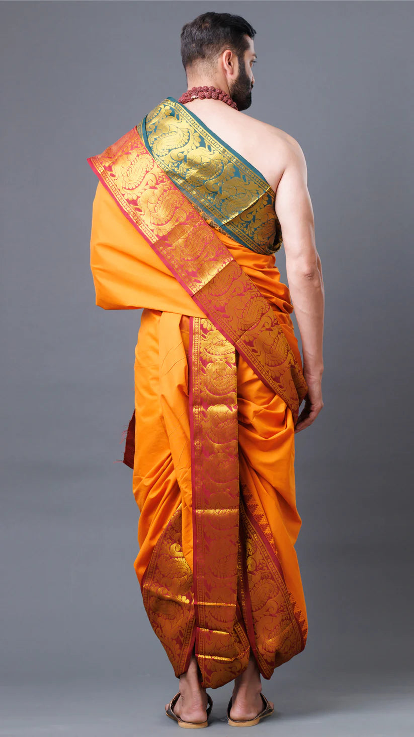 Traditional Cotton Dhoti With Green And Orange Colour Combination
