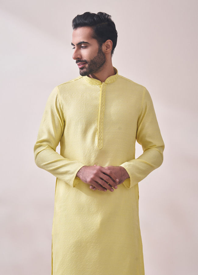 Manyawar Splashy Yellow Jacquard Kurta Set - India shopping