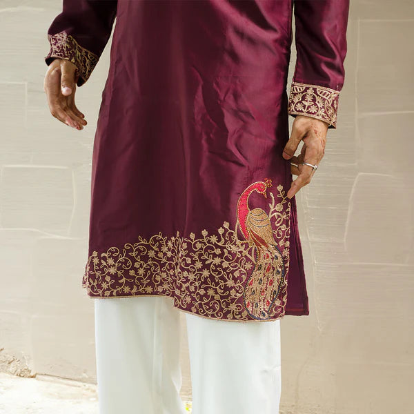 Meraki Ethnic Maroon Peacock Elegance Kurta Pajama | Ready To Wear