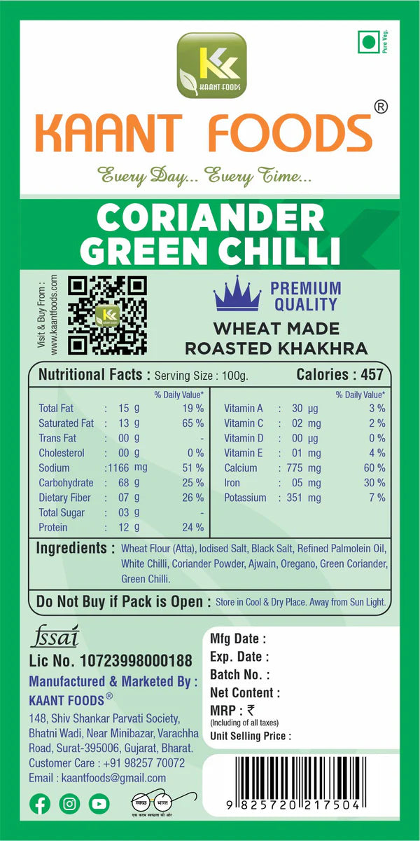 Kaant Foods Coriander Green Chilli Khakhra | 200 gms