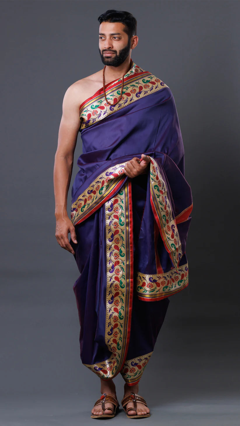 Classical Wonder Border Jod Navy Blue Silk Dhoti