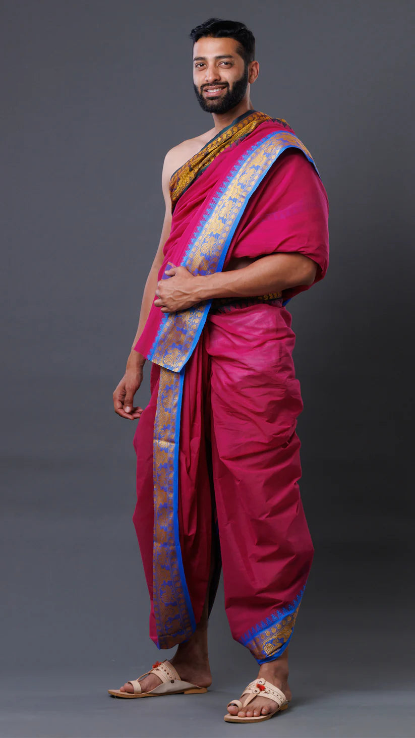 Chennai Express Jod Red Color 4-Inch Border Cotton Dhoti