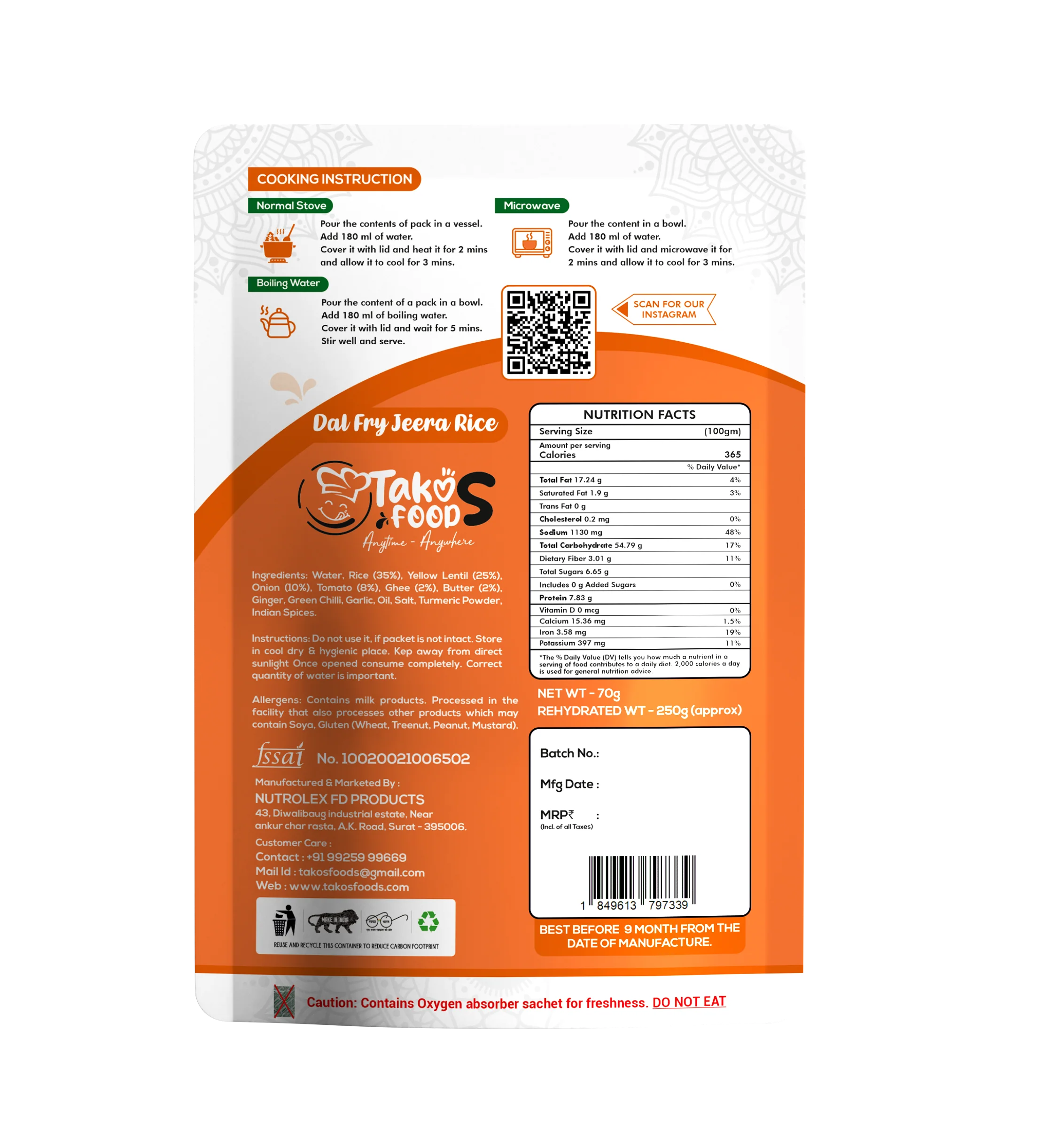 Takos Food Dal Fry Jeera Rice | Ready To Eat 250 gms