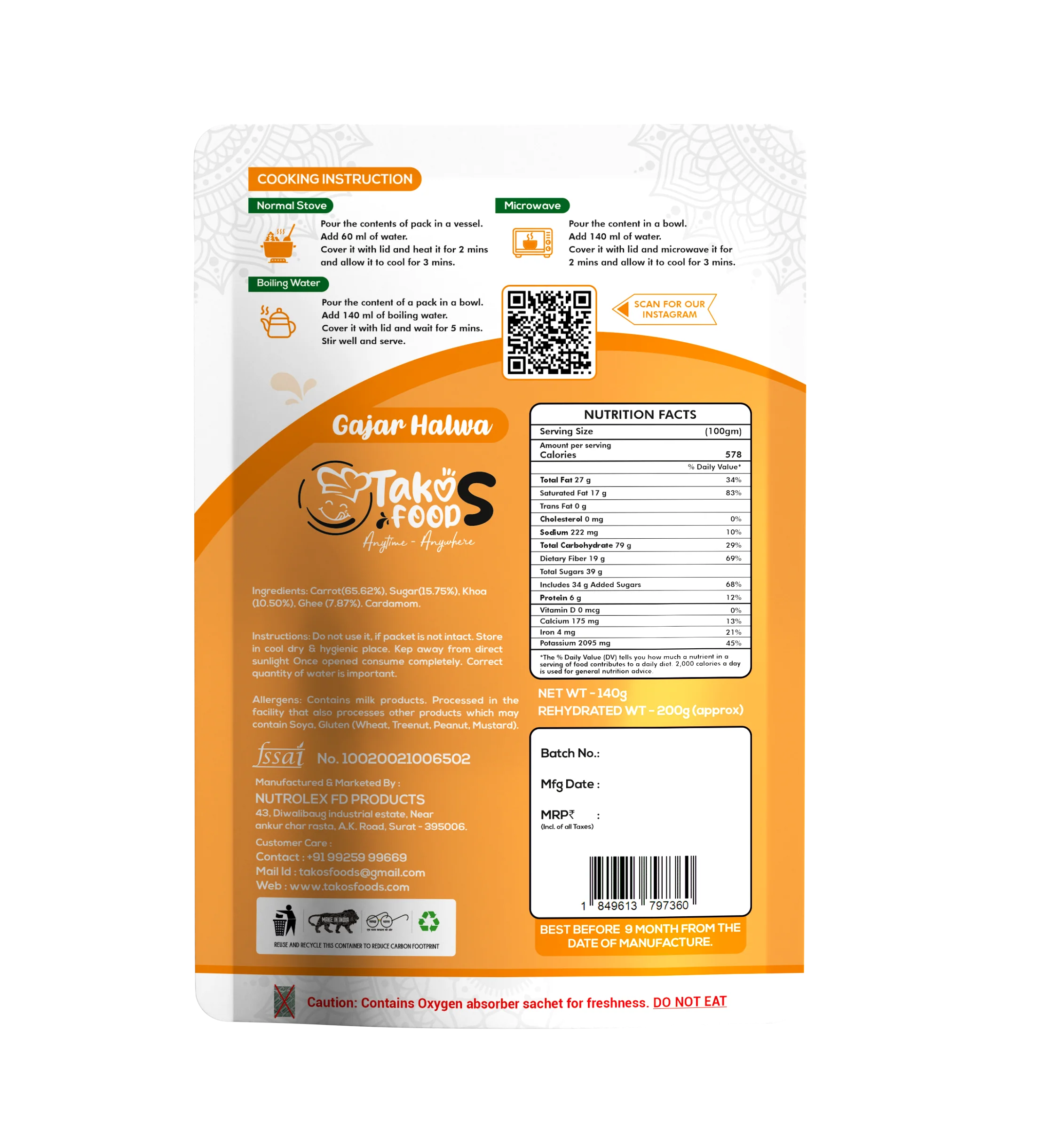 Takos Food Gajar Halwa | Ready To Eat 200 gms