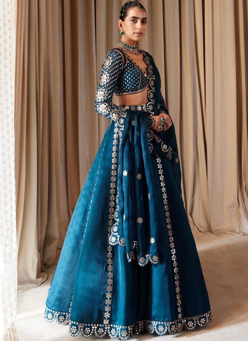Teal Malai Silk Zari Work Lehenga Choli With V-Neck | Ready To Wear