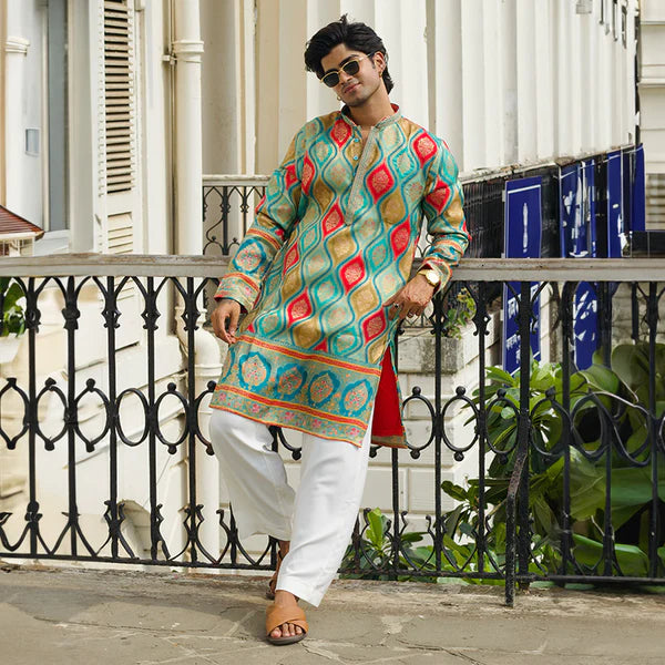 Meraki Ethnic Teal Temple Jaal Kurta Pajama | Ready To Wear