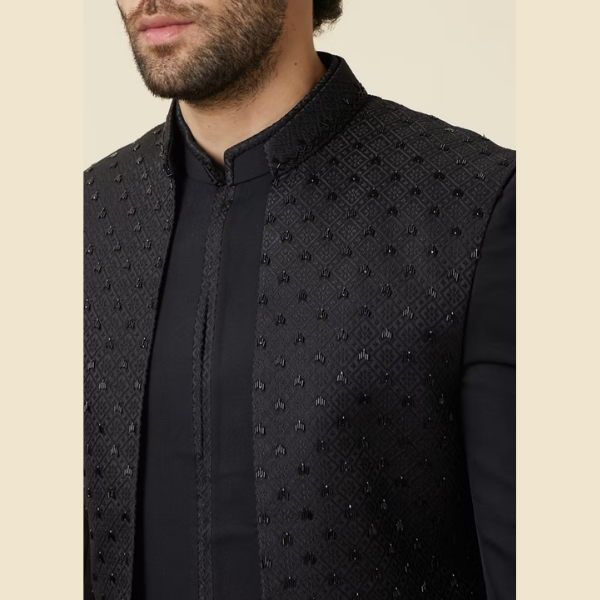 Manyavar Midnight Black Diamond Patterned Indo Western Set - India shopping