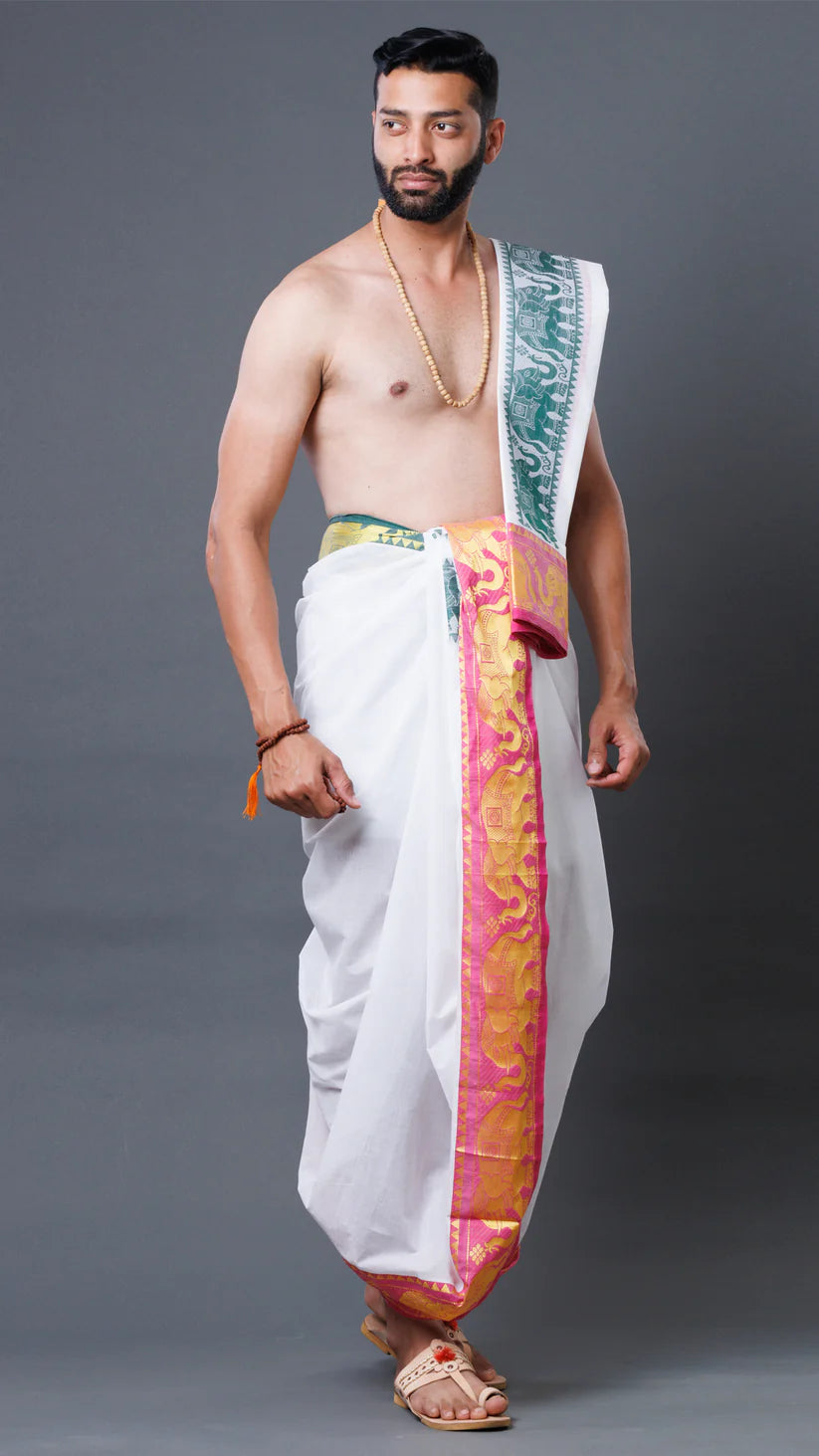 White Cotton Dhoti With Intricate Elephant Border