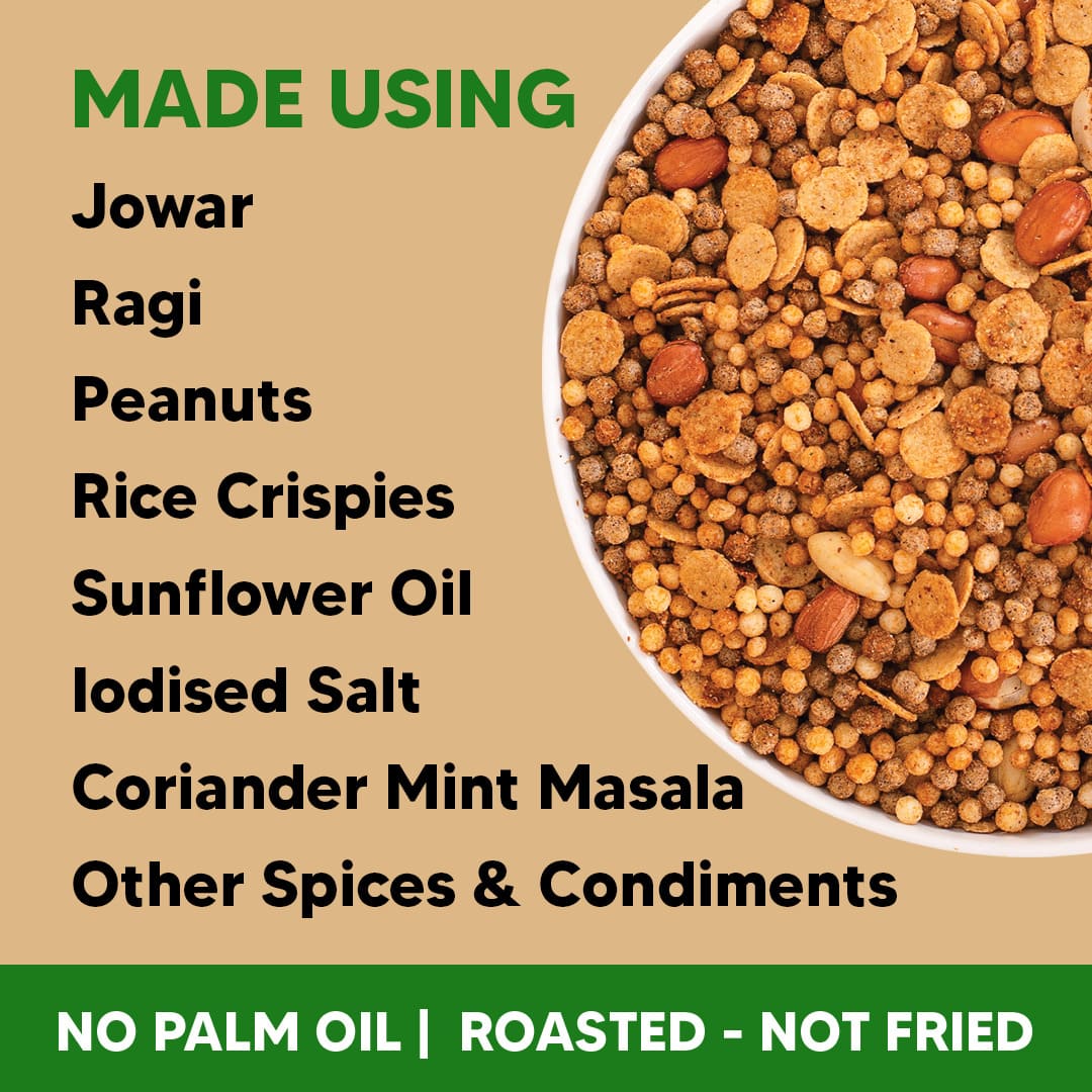 Ingredients list of a snack mix with a bowl of the snack mix on a beige background.