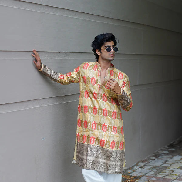 Meraki Ethnic Golden Buta Heritage Kurta Pajama | Ready To Wear