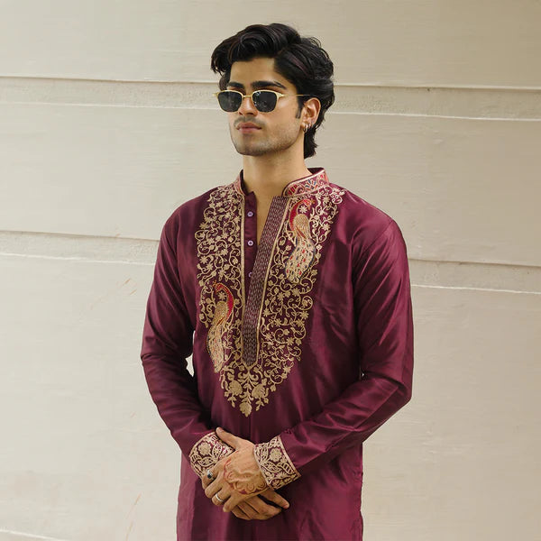 Meraki Ethnic Maroon Peacock Elegance Kurta Pajama | Ready To Wear