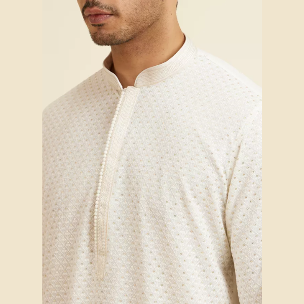 Manyavar Warm White Self Patterned Mirror Work Kurta Set - India shopping