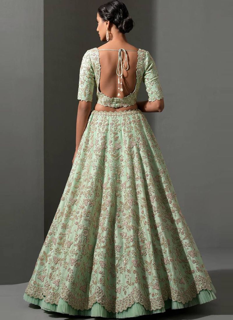 Light Green Mulberry Silk Lehenga Choli With Pink Sequin Work | Ready To Wear