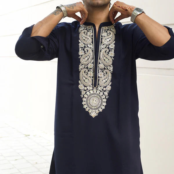Meraki Ethnic Navy Regal Zardozi Kurta Pajama | Ready To Wear