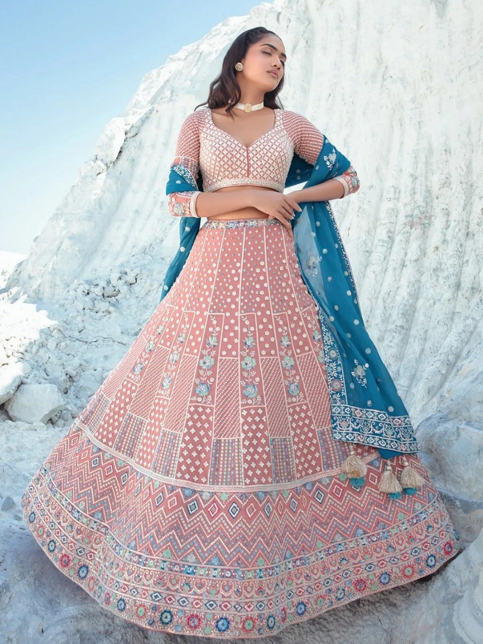 Ethereal Peach Designer Georgette Lehenga Choli | Ready To Wear
