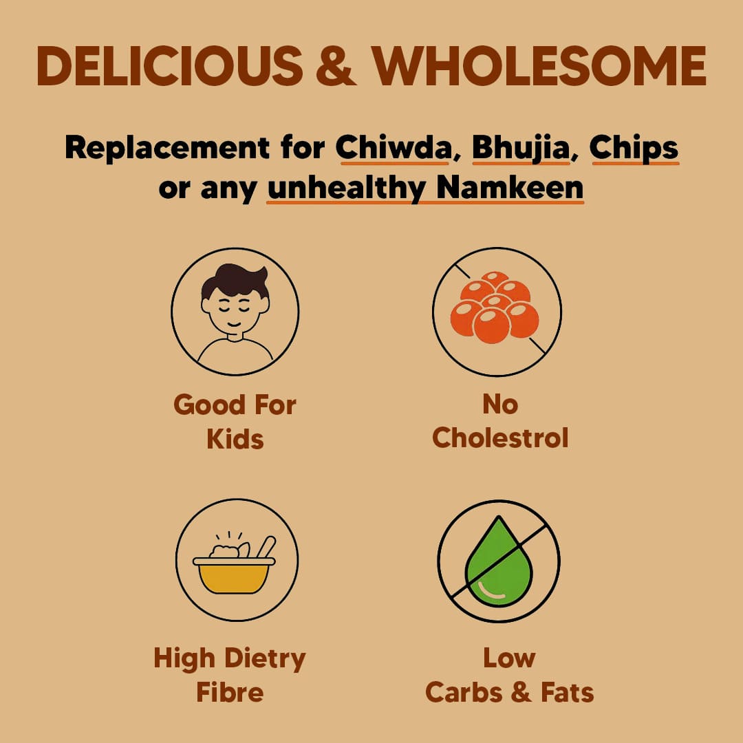 Product advertisement highlighting health benefits on a beige background