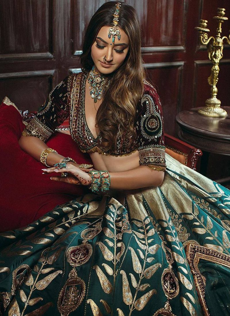 Maroon Velvet & Rama Mulmul Silk Lehenga Choli Sequin Work | Ready To Wear