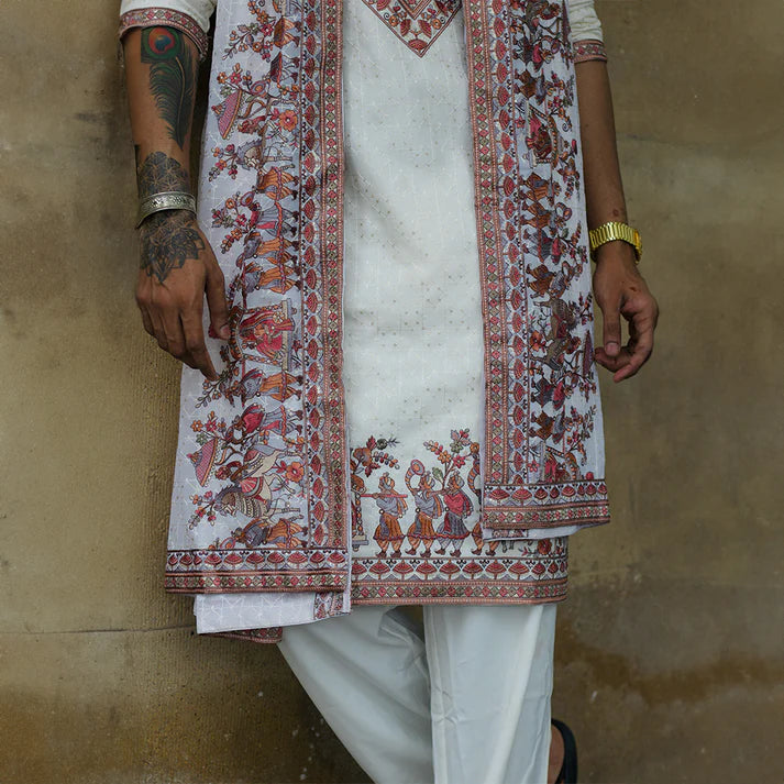 Meraki Ethnic Ivory Vine Embroidered Kurta Pajama With Dupatta | Ready To Wear