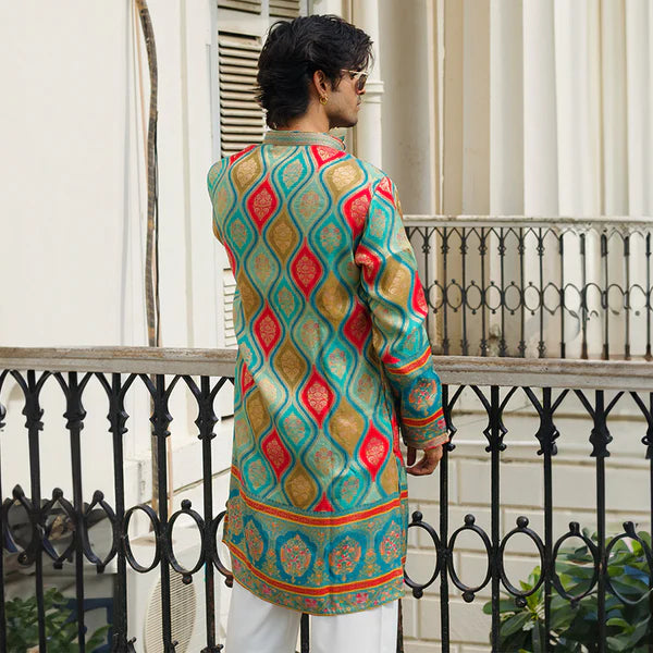Meraki Ethnic Teal Temple Jaal Kurta Pajama | Ready To Wear