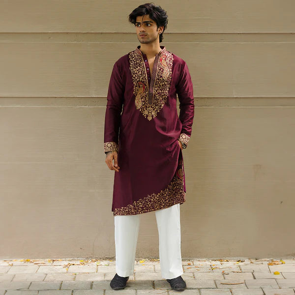 Meraki Ethnic Maroon Peacock Elegance Kurta Pajama | Ready To Wear