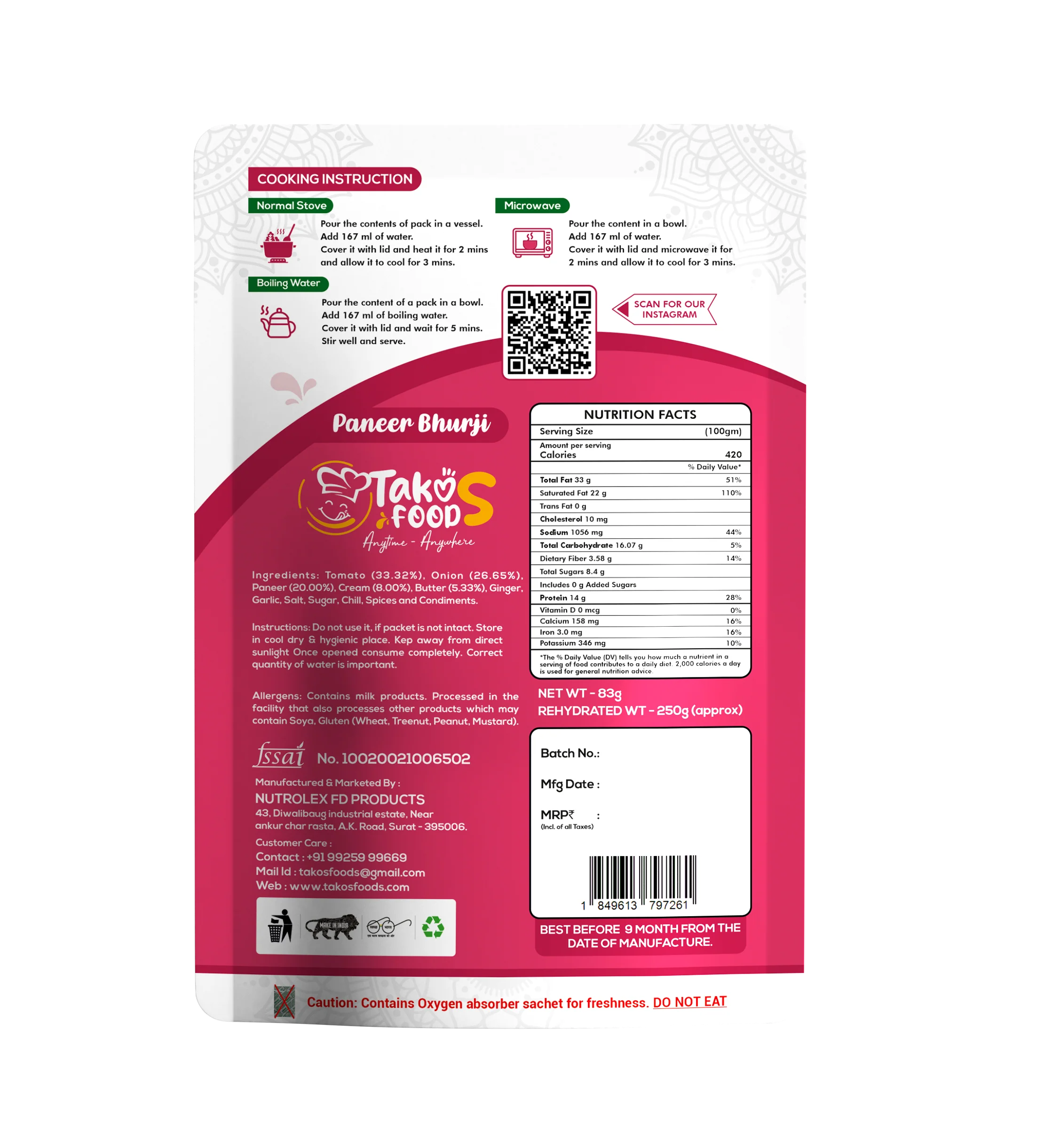 Takos Food Paneer Bhurji | Ready To Eat 250 gms