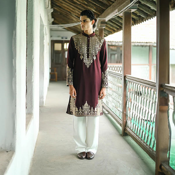 Meraki Ethnic Wine Regal Pichwai Kurta Pajama | Ready To Wear