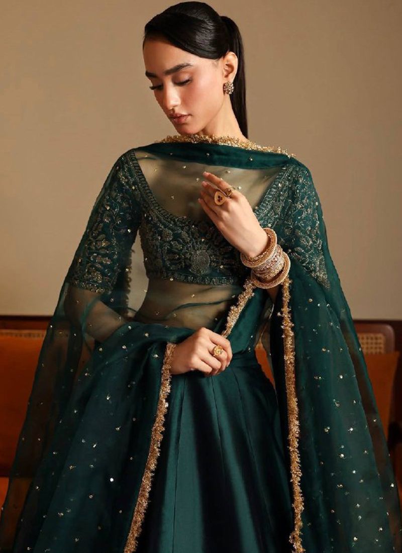 Green Malai Satin Silk Stone Work Lehenga Choli | Ready To Wear