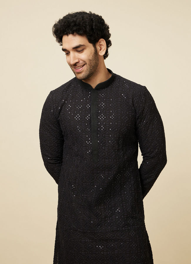 Manyawar Black Chikankari Kurta Set with Sequin Embroidery - India shopping