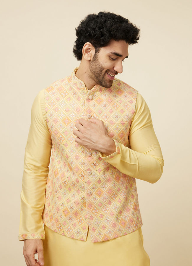 Manyawar Lemon Drop Yellow Self Patterned Kurta Jacket Set - India shopping