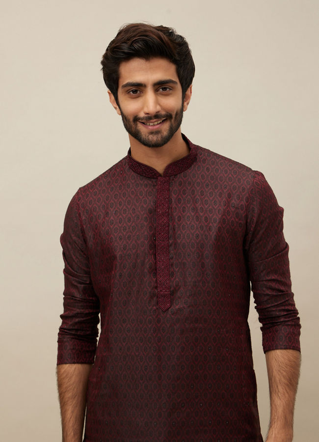 Manyawar Maroon Ogee Patterned Kurta Set - India shopping